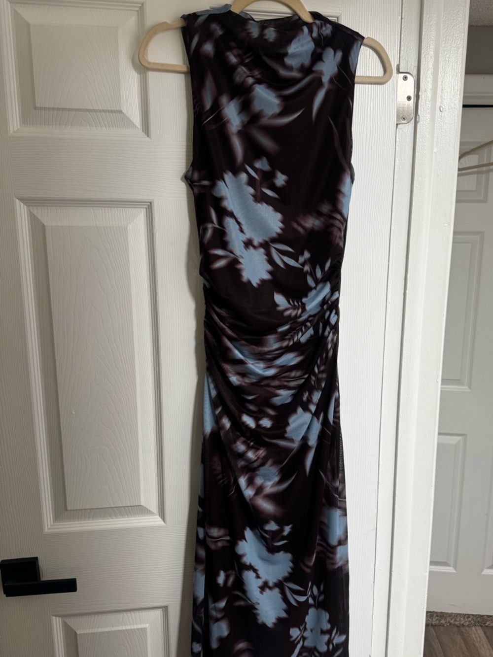 Sadie & Sage Brown Mesh Maxi Dress with Blue Floral Print